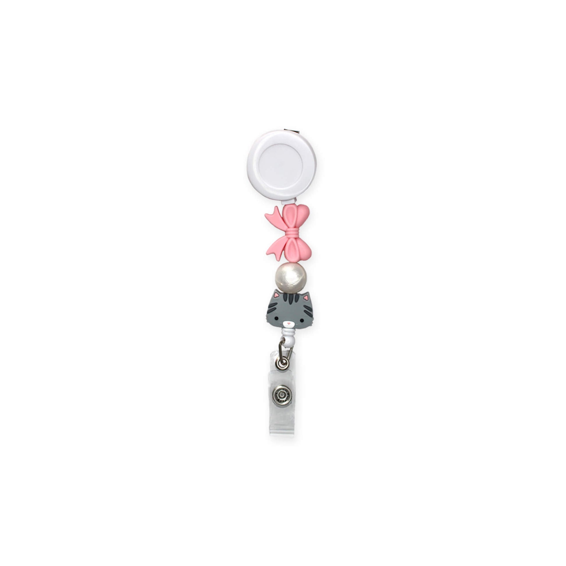 Grey cat face and pink bow silicone bead badge reel, retractable cord with alligator clip, ideal for quick and easy access to work id