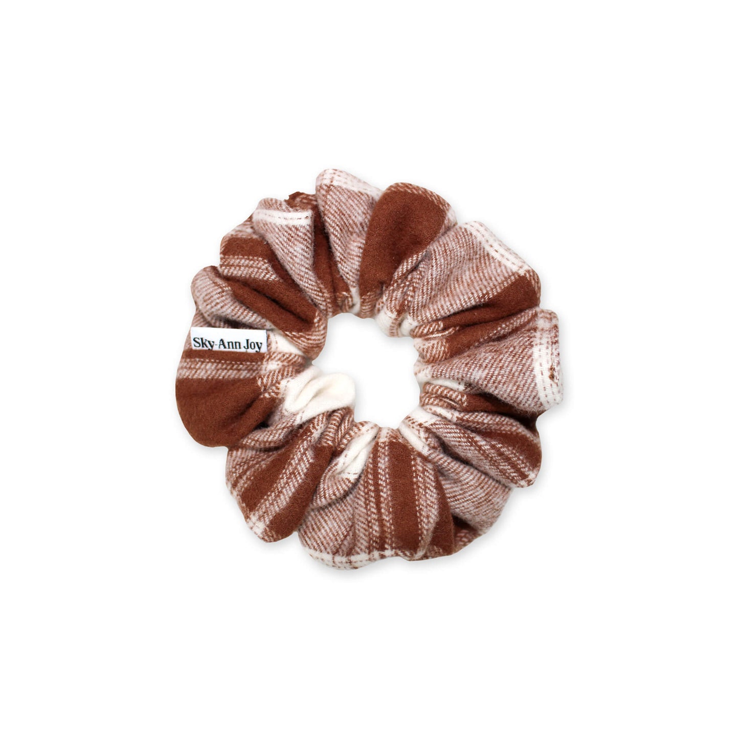 Brown telegraph plaid hair scrunchie, soft and comfortable, great for autumn and winter styles