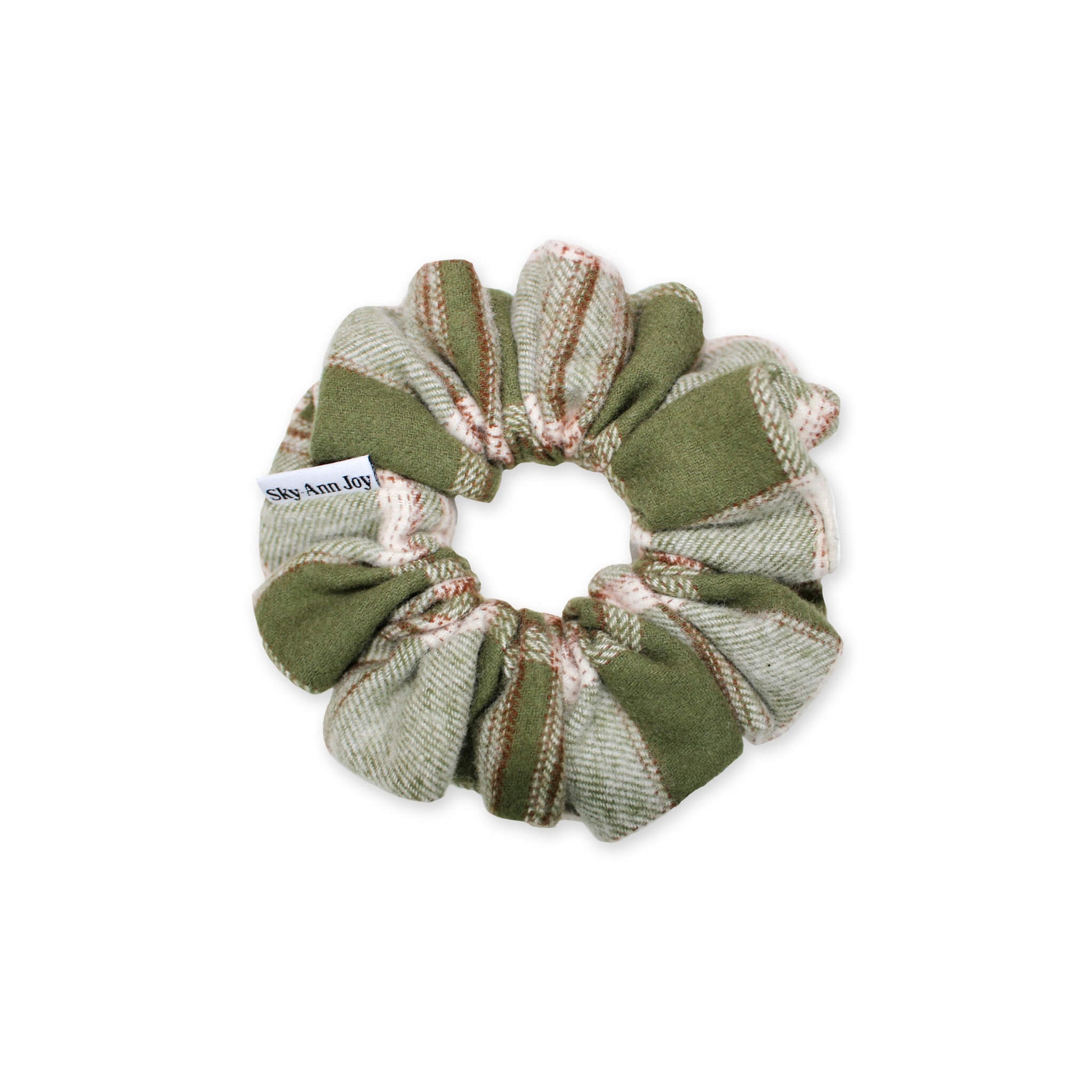 Green telegraph plaid hair scrunchie, soft and cosy, great for autumn and winter styles