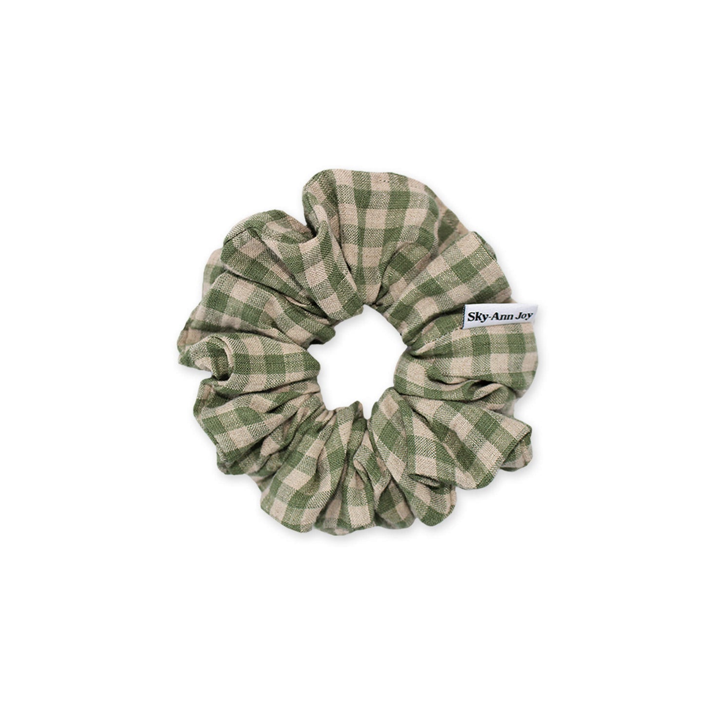 Green and beige gingham linen hair scrunchie, natural fabric and breathable, comfortable to wear in hot weather