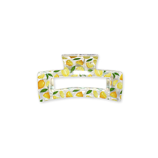 Transparent rectangle hair claw with lemon print, fun and stylish, perfect for summer days