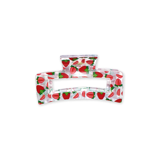 Transparent rectangle hair claw with strawberry print, medium size, cute and stylish