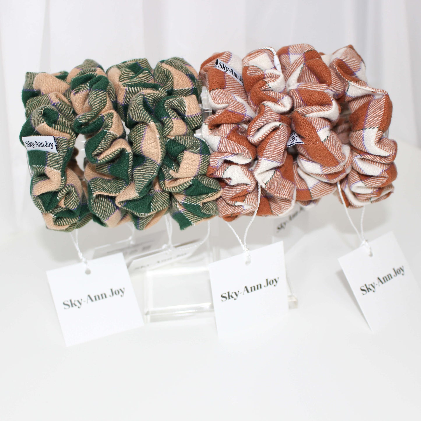 Green plaid small hair scrunchies and brown plaid scrunchies, soft and cosy, great for winter and holiday styles