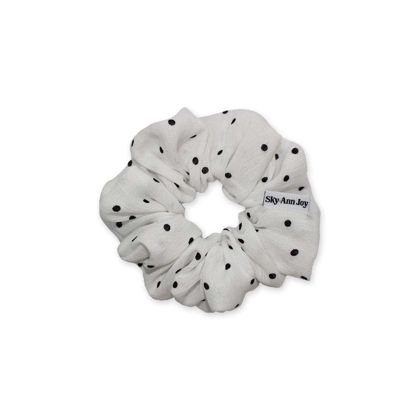 White crinkle challis with black polka dots hair scrunchie, stylish and eye-catching, perfect for everyday wear