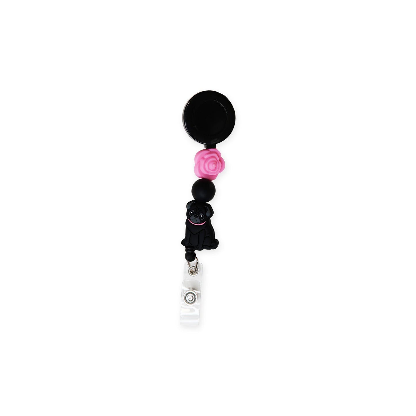 Pug dog and pink flower silicone bead badge reel, retractable and no-slip grip, ideal for quick and easy access to work id