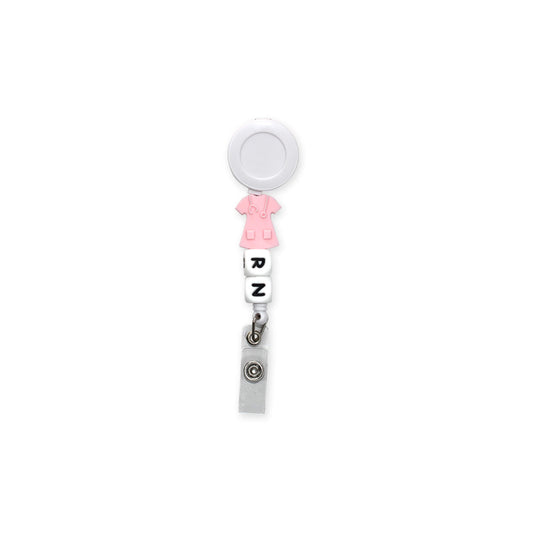 Pink nurses scrub badge reel with white square alphabet silicone beads  showing the letters r n, retractable and no-slip grip, perfect for healthcare workers