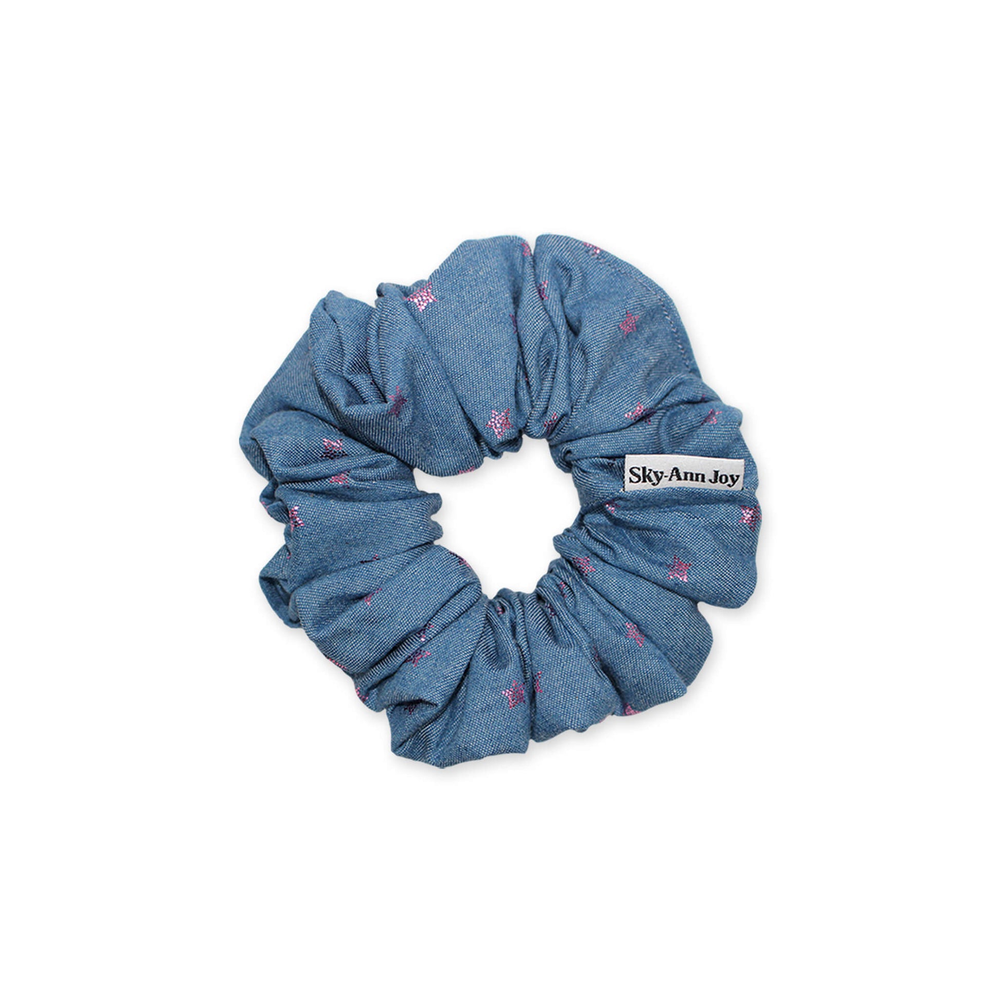 Chambray hair scrunchie with foil star accents, stylish and sparkly adds a pop of color, perfect for casual outings